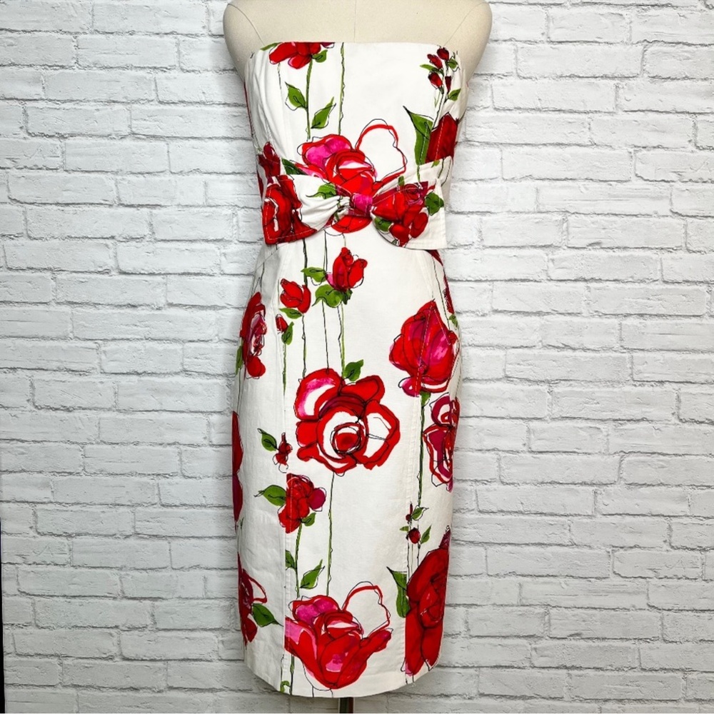 $368 David Meister S Strapless Red Floral Bow Fitted Knee Lgth Sheath Dress